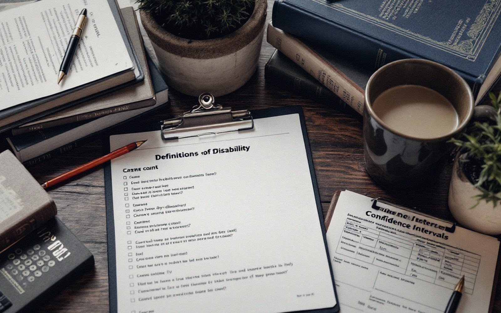 Papers, forms and reference volumes on a desk