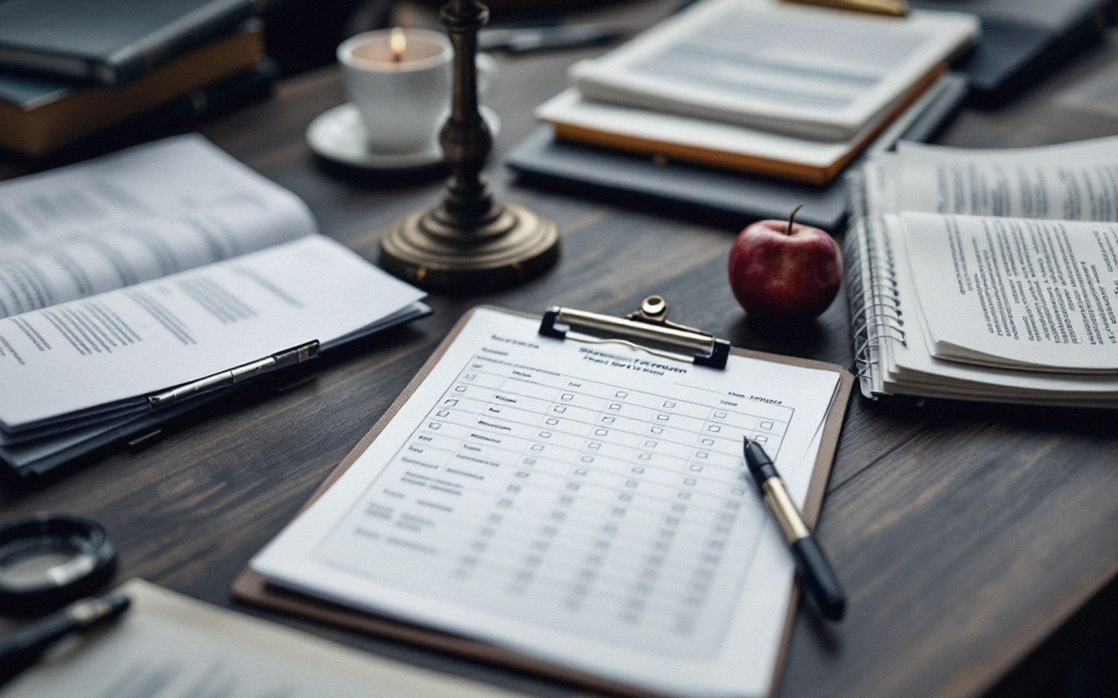 Papers, forms and reference volumes on a desk