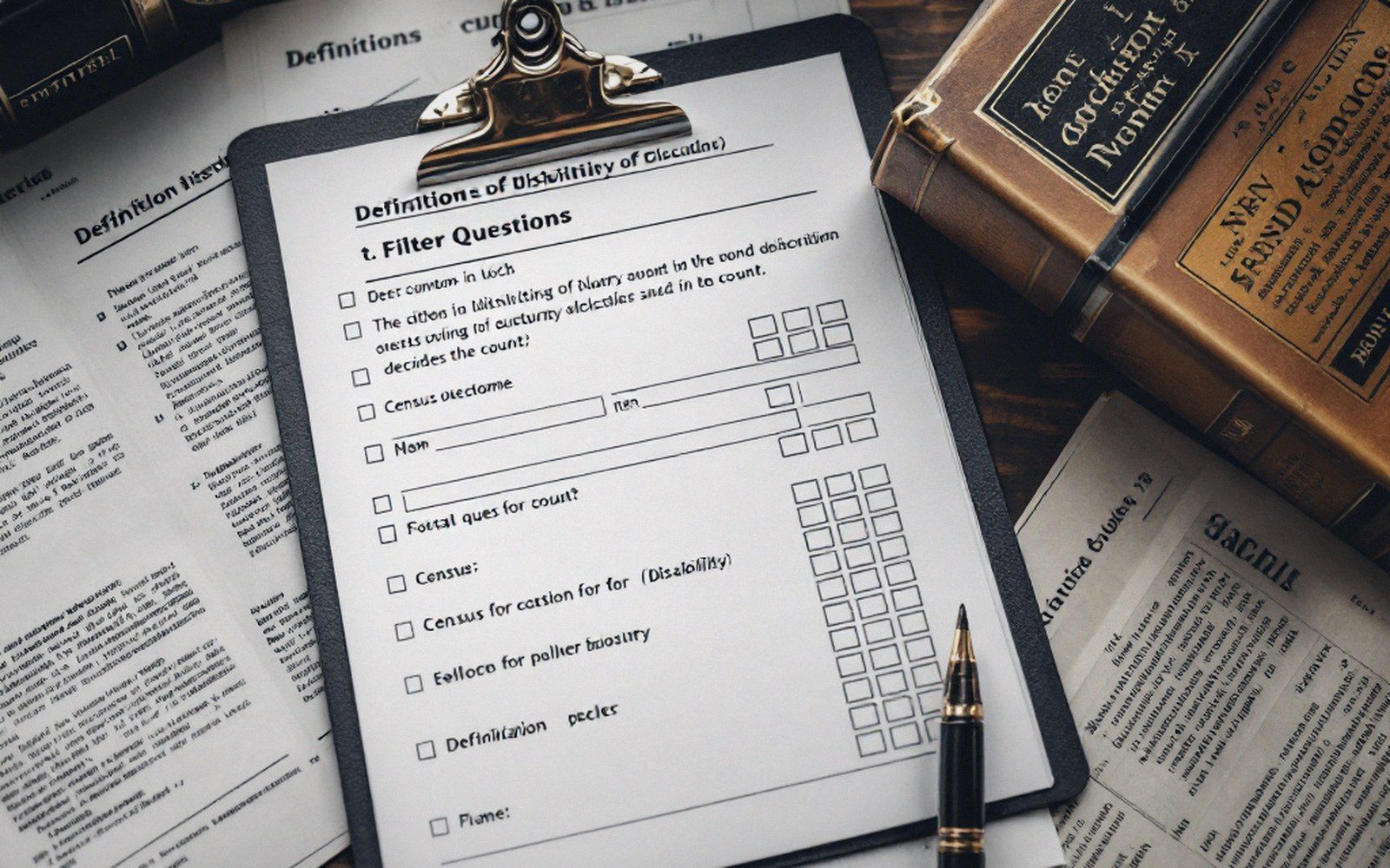 Papers, forms and reference volumes on a desk