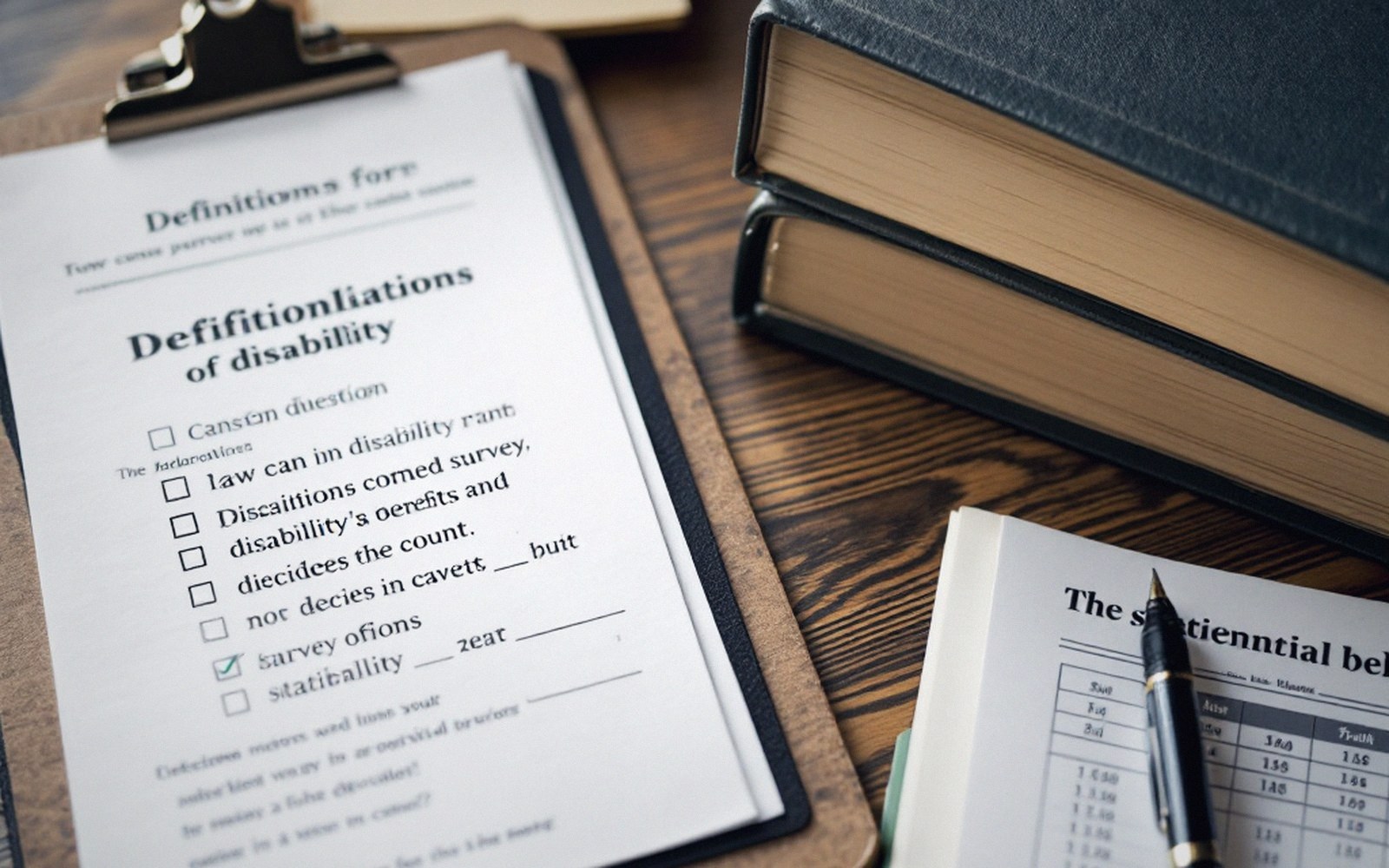 Papers, forms and reference volumes on a desk