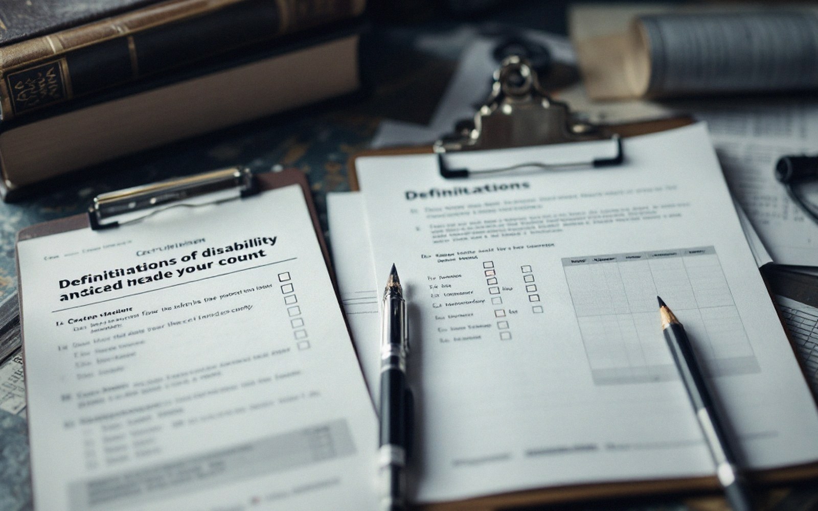 Papers, forms and reference volumes on a desk