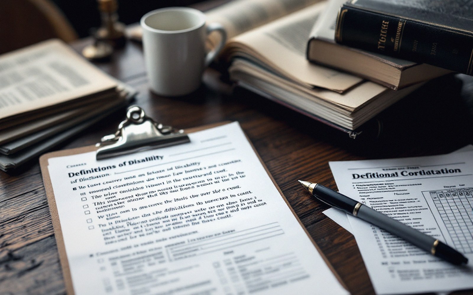 Papers, forms and reference volumes on a desk