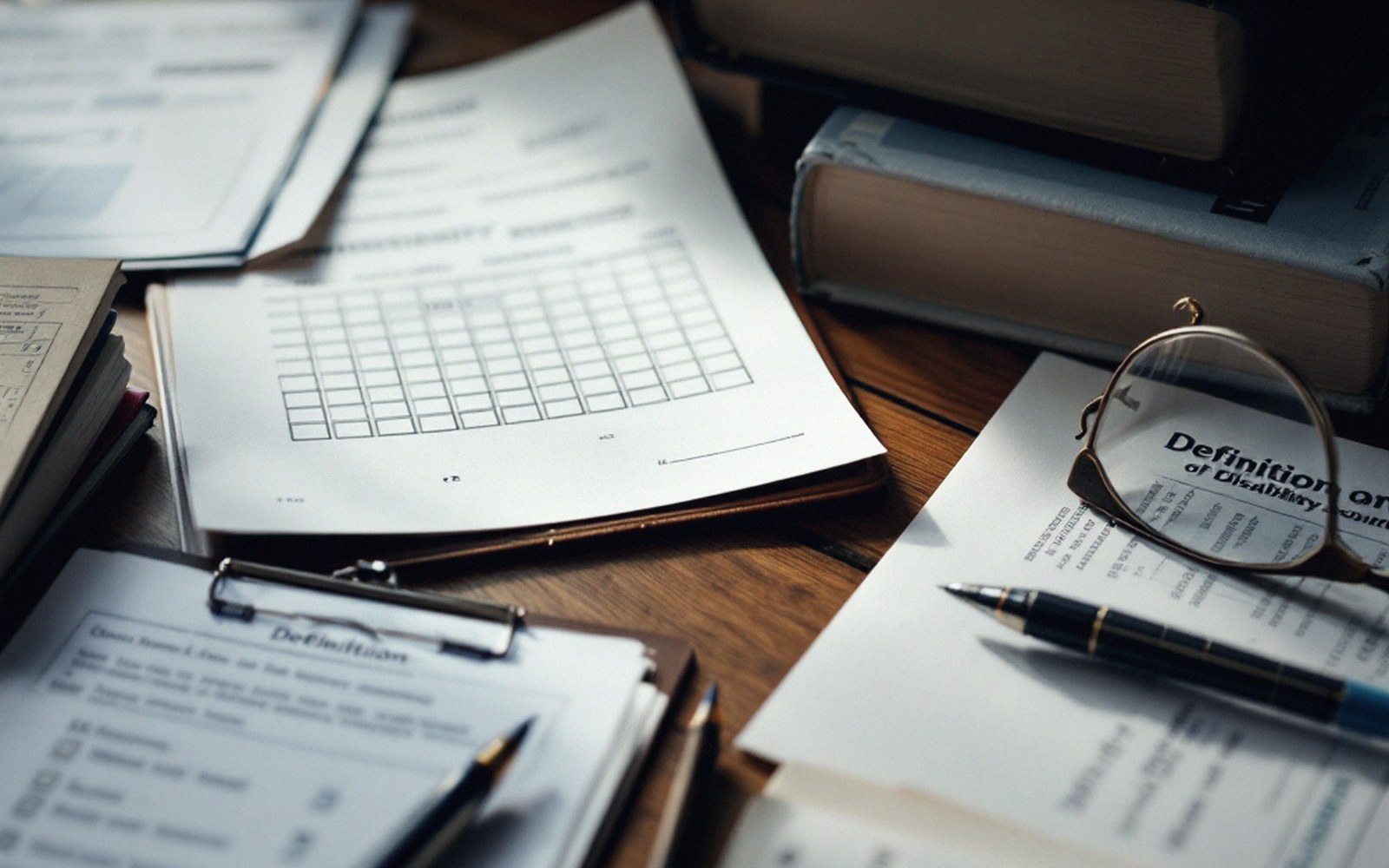 Papers, forms and reference volumes on a desk