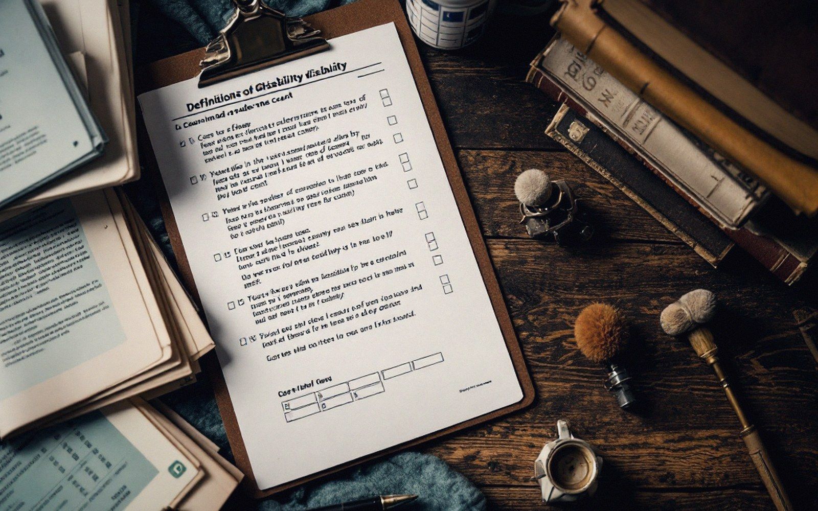 Papers, forms and reference volumes on a desk