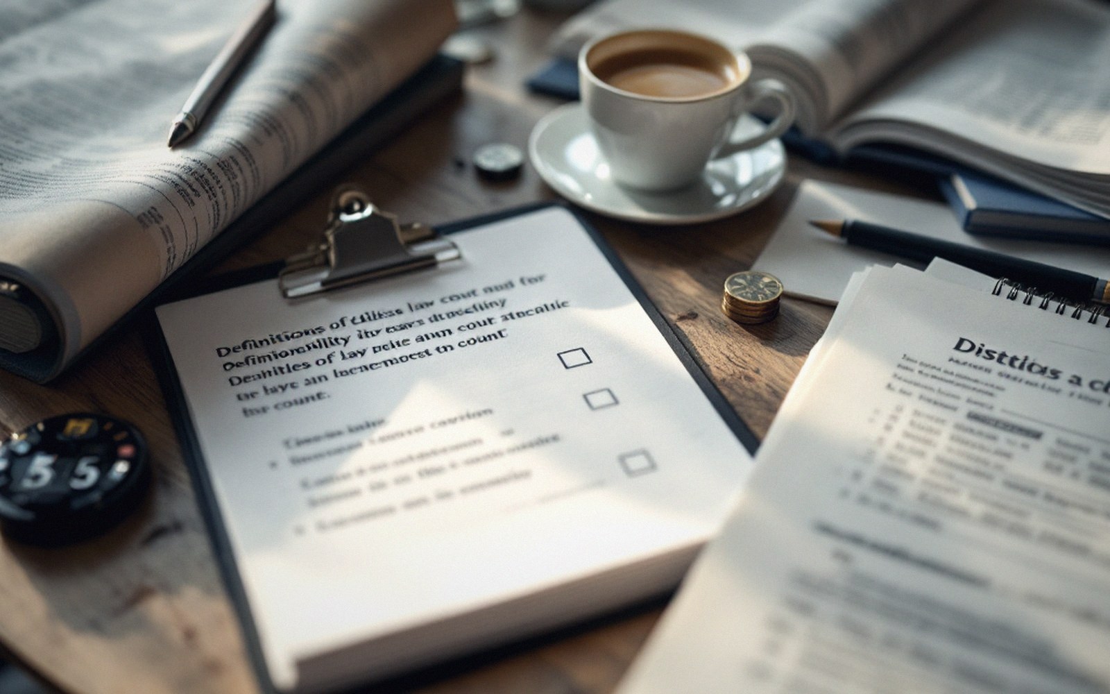 Papers, forms and reference volumes on a desk