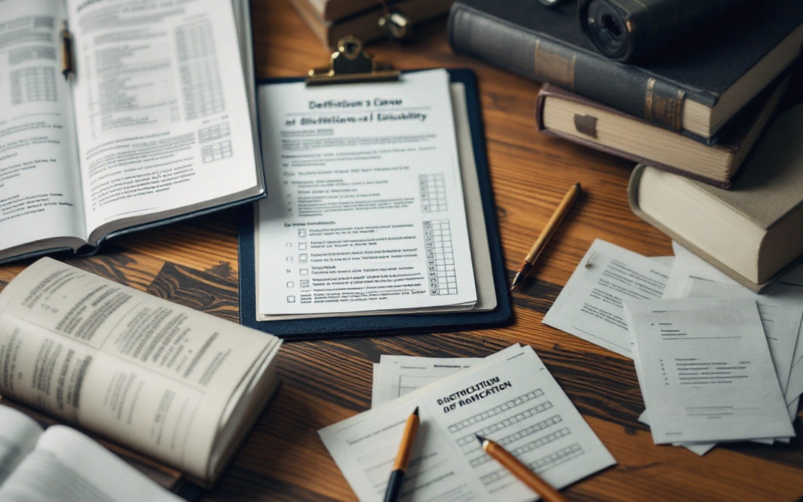 Papers, forms and reference volumes on a desk