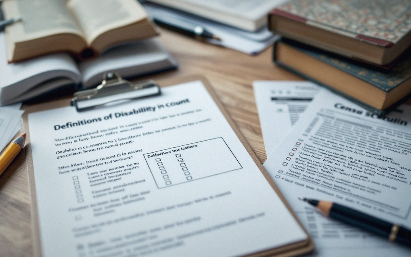 Papers, forms and reference volumes on a desk
