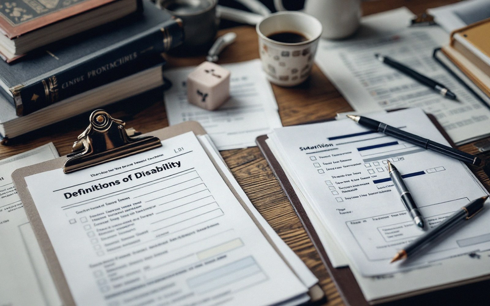 Papers, forms and reference volumes on a desk